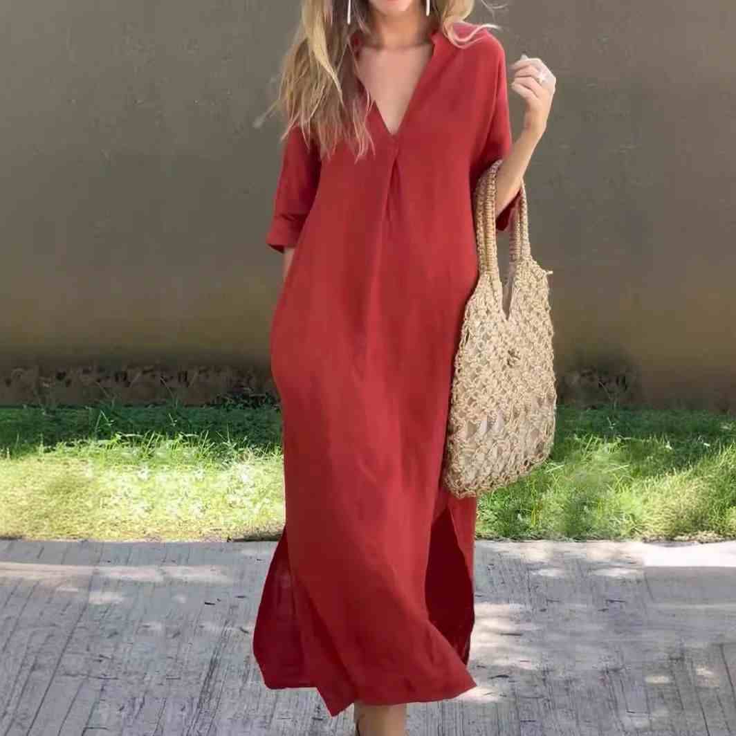 【🔥Bestseller 2026-Nur für kurze Zeit- 50 % Rabatt】✨Mode V-neck cotton and linen slim dress-😍Zeige deine perfekte Figur