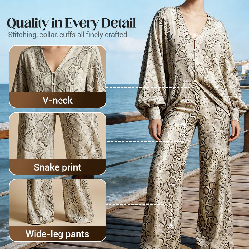 🌹 JETZT 50 % RABATT! 👗 Set aus Damen-Oberteil mit Schlangenprint und Hose mit weitem Bein – auffälliger Print, lockere Passform und lässiger Stil ✨