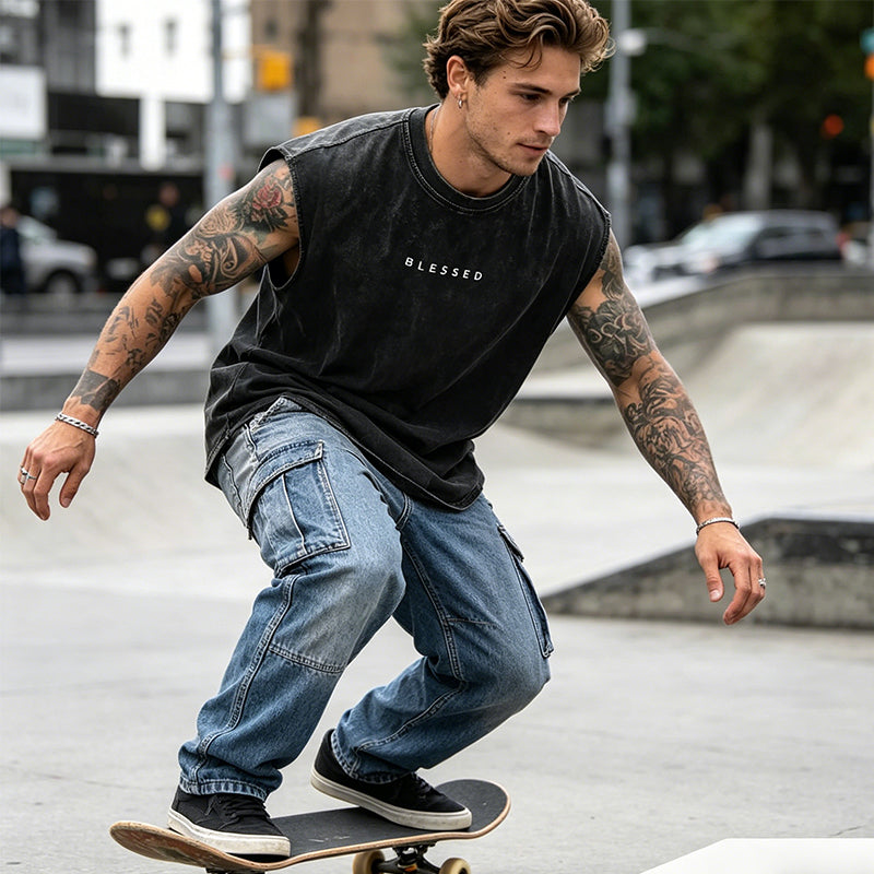 ✨🎽 Herren Vintage-Tanktop im Acid-Wash-Look – leicht, locker geschnitten & maskulin – ideal für Sport, Freizeit & heiße Tage