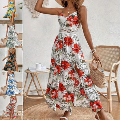 👗🌸 50% RABATT! Fließendes Kleid mit Blumenmuster und hohem Schlitz für Damen mit Spaghettiträgern – Romantisch, lässig & perfekt für den Sommer ✨