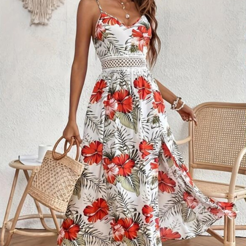 👗🌸 50% RABATT! Fließendes Kleid mit Blumenmuster und hohem Schlitz für Damen mit Spaghettiträgern – Romantisch, lässig & perfekt für den Sommer ✨