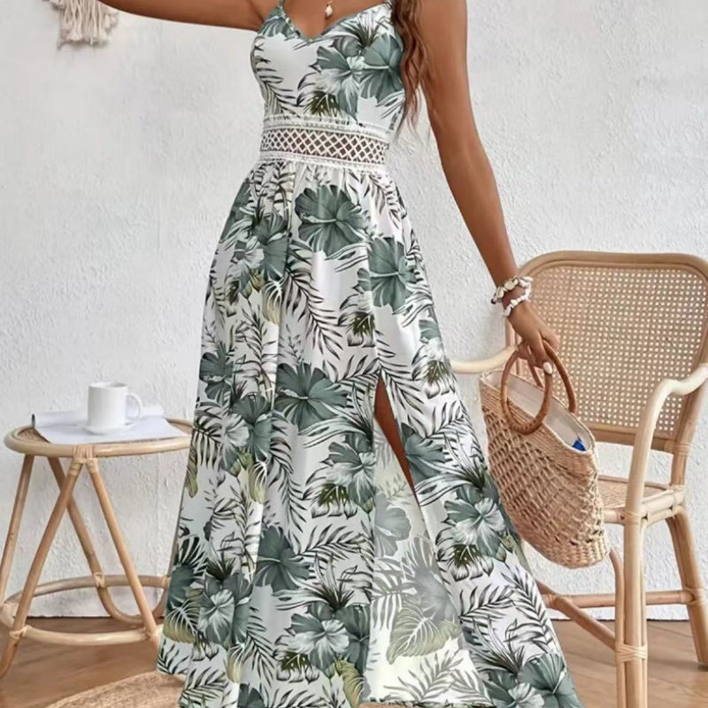 👗🌸 50% RABATT! Fließendes Kleid mit Blumenmuster und hohem Schlitz für Damen mit Spaghettiträgern – Romantisch, lässig & perfekt für den Sommer ✨