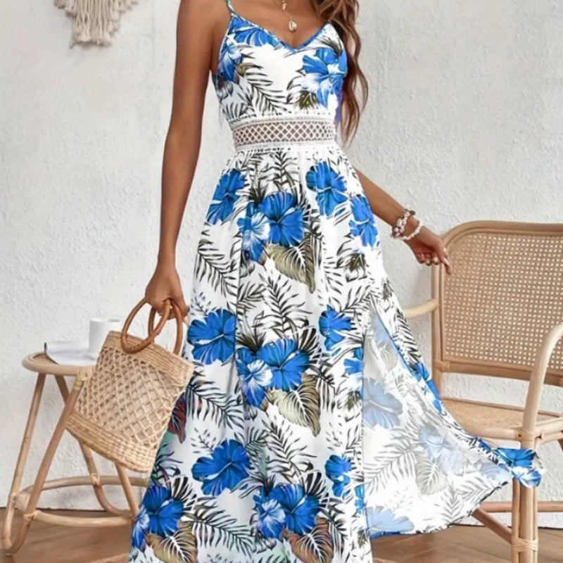 👗🌸 50% RABATT! Fließendes Kleid mit Blumenmuster und hohem Schlitz für Damen mit Spaghettiträgern – Romantisch, lässig & perfekt für den Sommer ✨