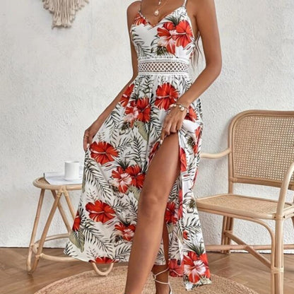 👗🌸 50% RABATT! Fließendes Kleid mit Blumenmuster und hohem Schlitz für Damen mit Spaghettiträgern – Romantisch, lässig & perfekt für den Sommer ✨