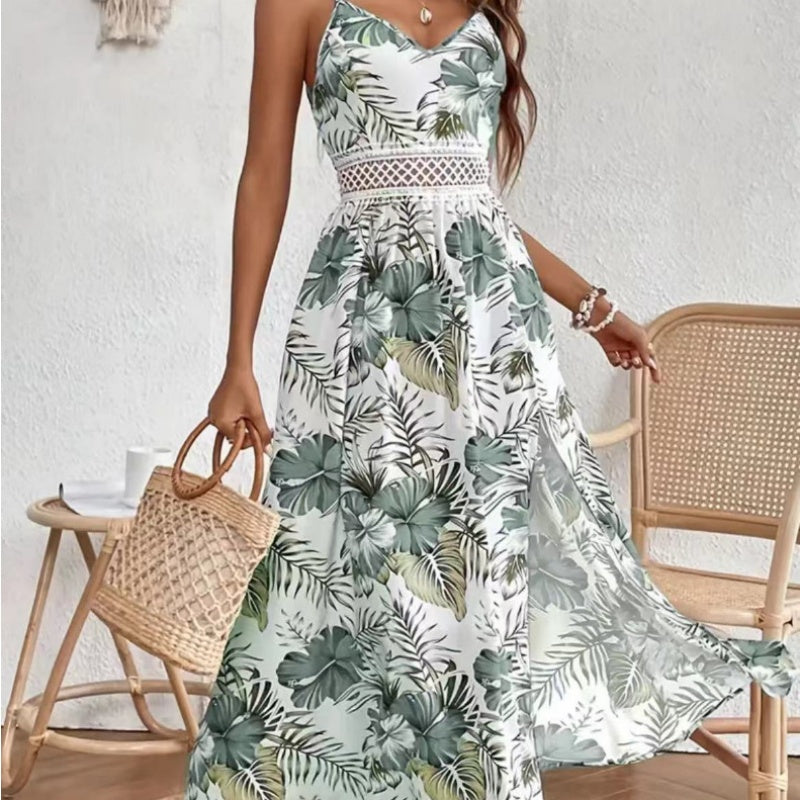 👗🌸 50% RABATT! Fließendes Kleid mit Blumenmuster und hohem Schlitz für Damen mit Spaghettiträgern – Romantisch, lässig & perfekt für den Sommer ✨