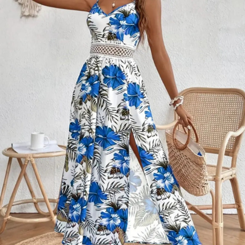 👗🌸 50% RABATT! Fließendes Kleid mit Blumenmuster und hohem Schlitz für Damen mit Spaghettiträgern – Romantisch, lässig & perfekt für den Sommer ✨
