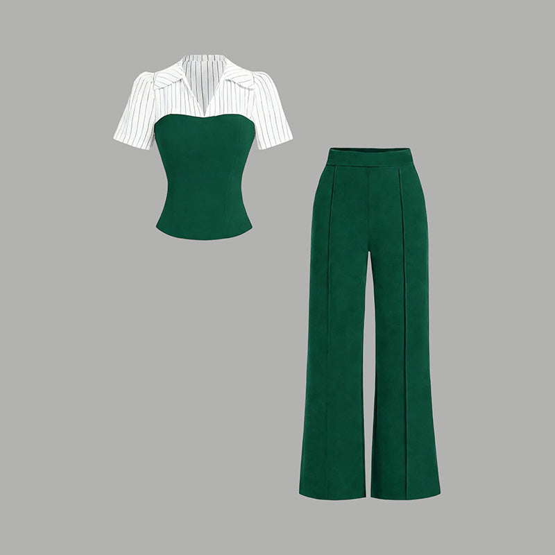 👔 LIMITED-TIME 50% RABATT! ✨ 2-teiliges Set – Gestreiftes Revers, Weite Hose, V-Ausschnitt, Elegant 🍂