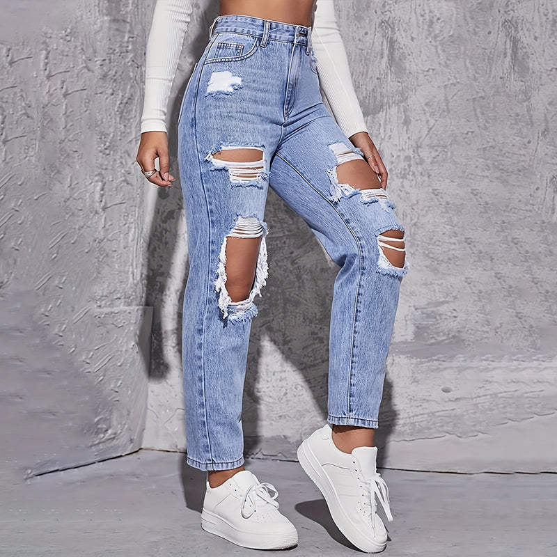 👖 50% RABATT! 💥 Damen Hochbund-Jeans mit Destroyed-Optik & geradem Bein – Stylisch, bequem & perfekt für den lässigen Alltagslook ✨