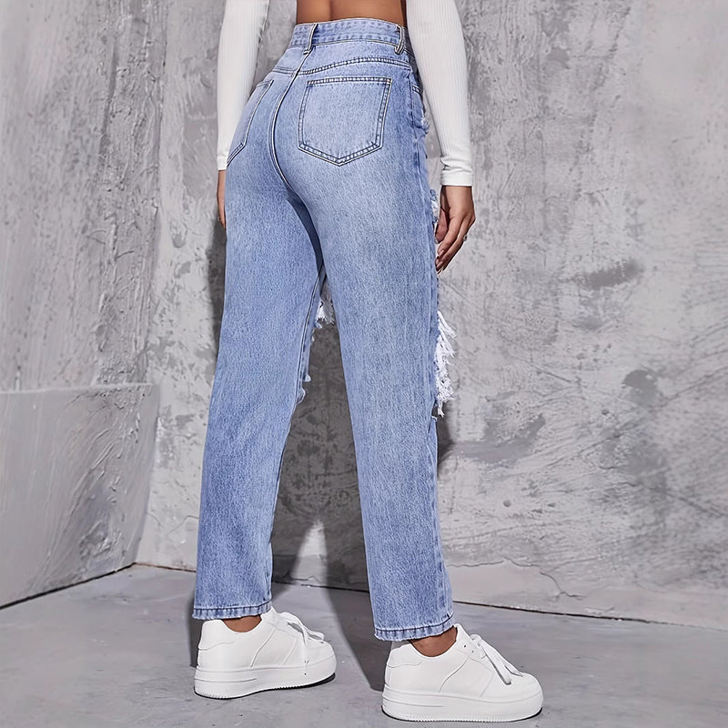 👖 50% RABATT! 💥 Damen Hochbund-Jeans mit Destroyed-Optik & geradem Bein – Stylisch, bequem & perfekt für den lässigen Alltagslook ✨