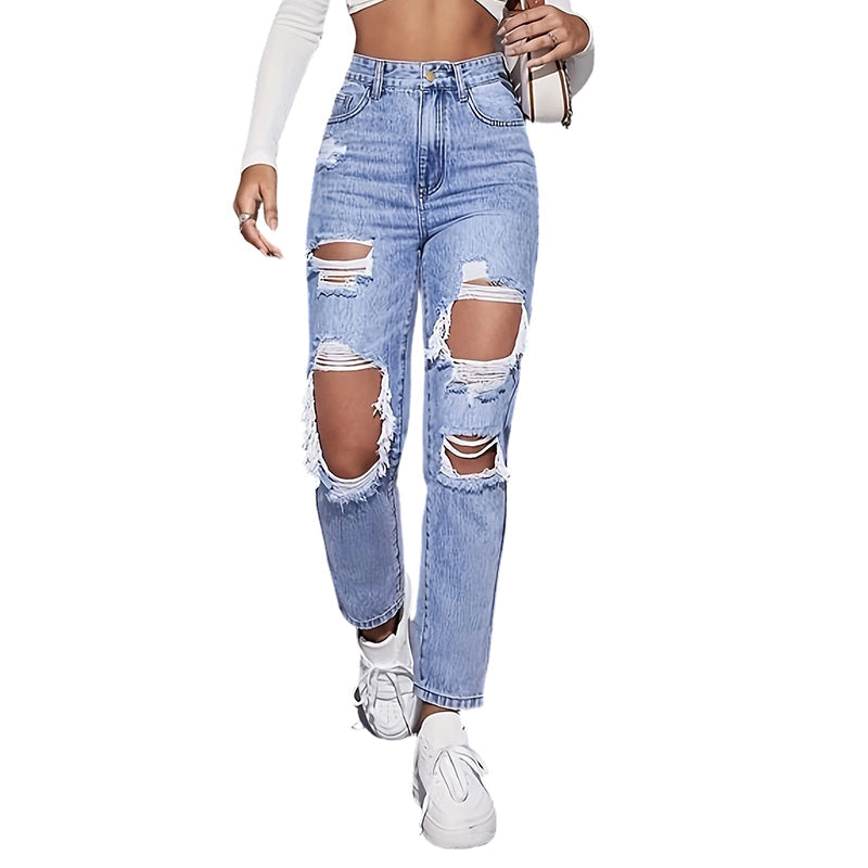👖 50% RABATT! 💥 Damen Hochbund-Jeans mit Destroyed-Optik & geradem Bein – Stylisch, bequem & perfekt für den lässigen Alltagslook ✨