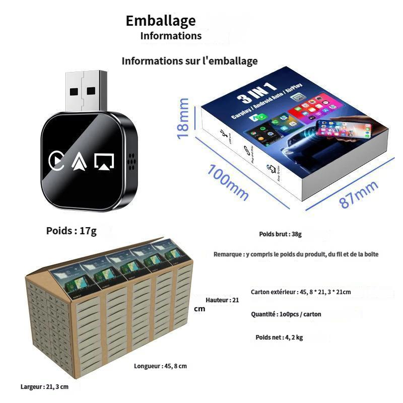 【4 en 1】Adaptateur CarPlay Sans Fil 2027 - Conversion Filaire vers Sans Fil, Plug & Play, Compact et Stable, Compatible avec Voitures et Modèles Android/iPhone - Accessoires Auto