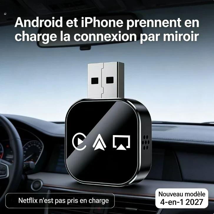 【4 en 1】Adaptateur CarPlay Sans Fil 2027 - Conversion Filaire vers Sans Fil, Plug & Play, Compact et Stable, Compatible avec Voitures et Modèles Android/iPhone - Accessoires Auto