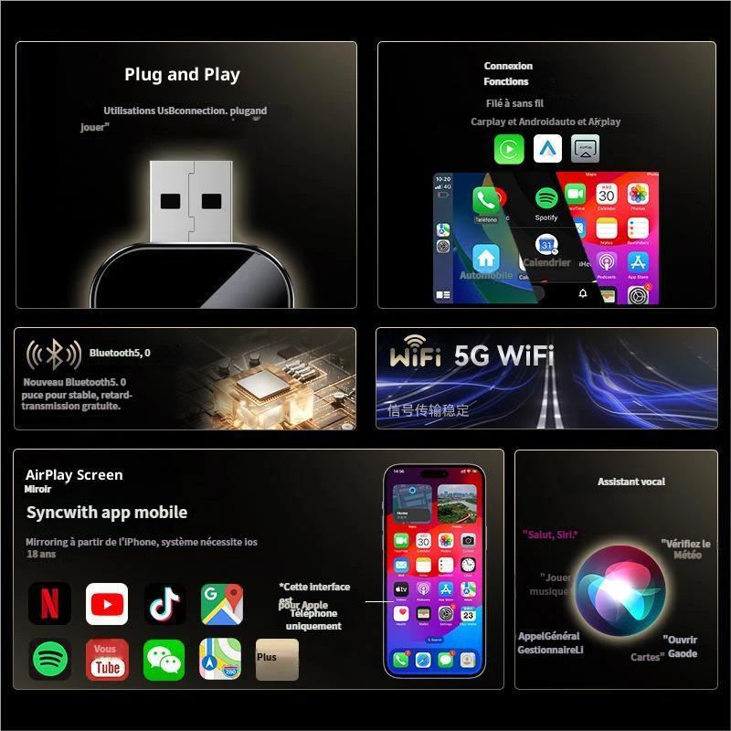 【4 en 1】Adaptateur CarPlay Sans Fil 2027 - Conversion Filaire vers Sans Fil, Plug & Play, Compact et Stable, Compatible avec Voitures et Modèles Android/iPhone - Accessoires Auto