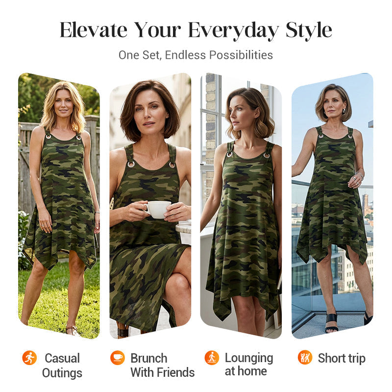 👗 50% RABATT! 🌿 Damen ärmelloses Kleid mit asymmetrischem Saum im Camouflage-Look – Locker, frech & perfekt für einen lässigen Streetwear-Look ✨