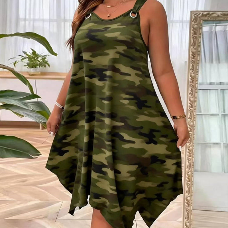 👗 50% RABATT! 🌿 Damen ärmelloses Kleid mit asymmetrischem Saum im Camouflage-Look – Locker, frech & perfekt für einen lässigen Streetwear-Look ✨