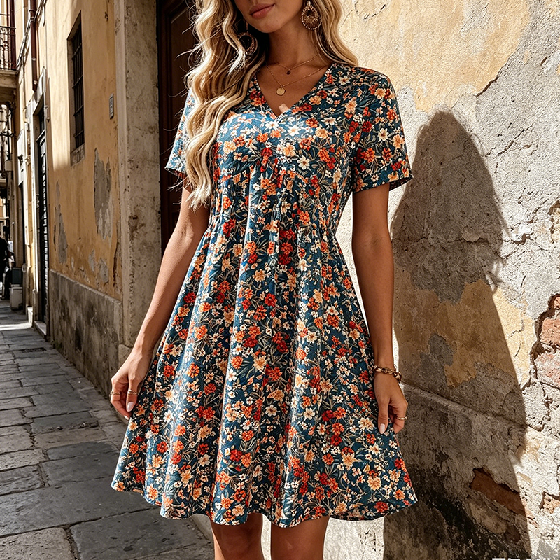 👗✨ 50% RABATT! Sommerkleid für Damen mit Blumenmuster, V-Ausschnitt und kurzen Ärmeln – Leicht, romantisch & perfekt für warme Tage 🌸