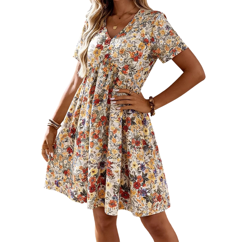 👗✨ 50% RABATT! Sommerkleid für Damen mit Blumenmuster, V-Ausschnitt und kurzen Ärmeln – Leicht, romantisch & perfekt für warme Tage 🌸