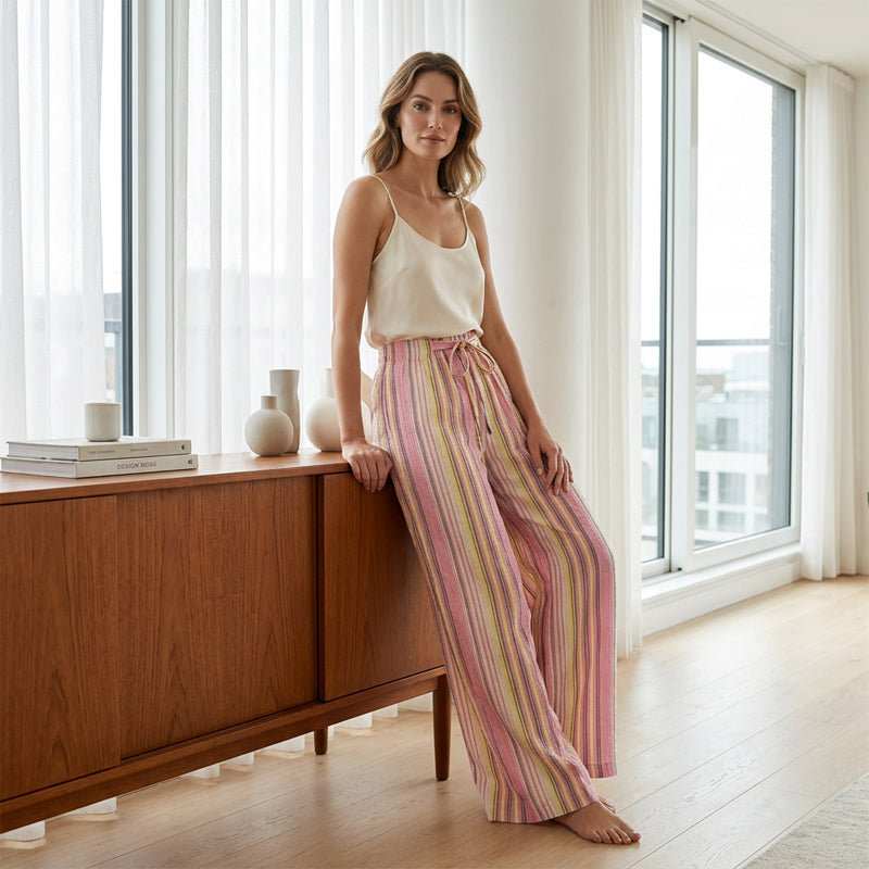 👖✨ 50% RABATT! Gestreifte Damenhose mit Kordelzug und weitem Bein – Leicht, lässig & perfekt für einen lässig-stilvollen Look 🍂