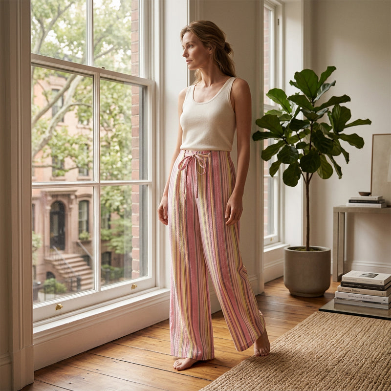 👖✨ 50% RABATT! Gestreifte Damenhose mit Kordelzug und weitem Bein – Leicht, lässig & perfekt für einen lässig-stilvollen Look 🍂