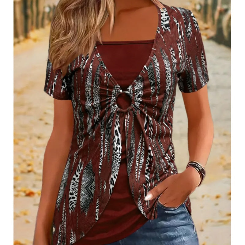🐆✨ LIMITED OFFER: 50% RABATT! Damen Retro Quadrat-Ausschnitt Leoparden-Print Mock 2-teiliges Kurzarm-Oberteil – Vintage, verspielt & wild 🌸