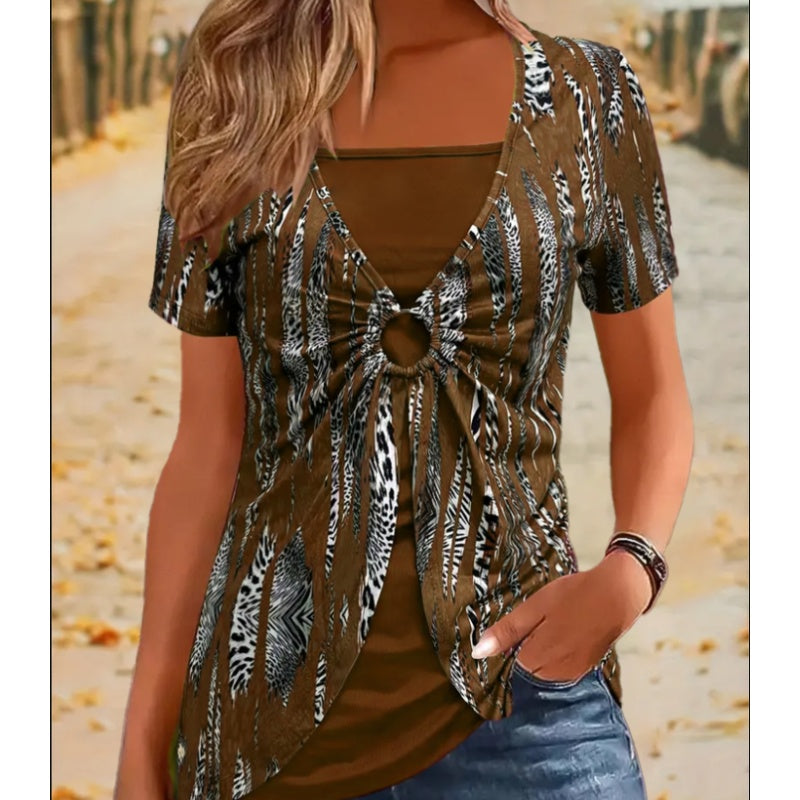 🐆✨ LIMITED OFFER: 50% RABATT! Damen Retro Quadrat-Ausschnitt Leoparden-Print Mock 2-teiliges Kurzarm-Oberteil – Vintage, verspielt & wild 🌸