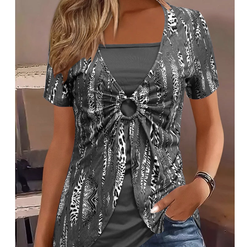 🐆✨ LIMITED OFFER: 50% RABATT! Damen Retro Quadrat-Ausschnitt Leoparden-Print Mock 2-teiliges Kurzarm-Oberteil – Vintage, verspielt & wild 🌸