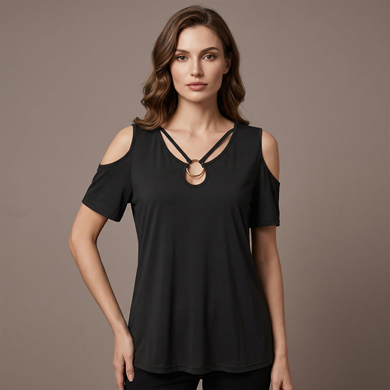 👕✨ 50% RABATT! Damen schulterfreies Oberteil mit V-Ausschnitt und Ring-Detail – Verführerisch, feminin & perfekt für heiße Tage ☀️