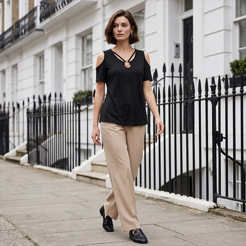 👕✨ 50% RABATT! Damen schulterfreies Oberteil mit V-Ausschnitt und Ring-Detail – Verführerisch, feminin & perfekt für heiße Tage ☀️
