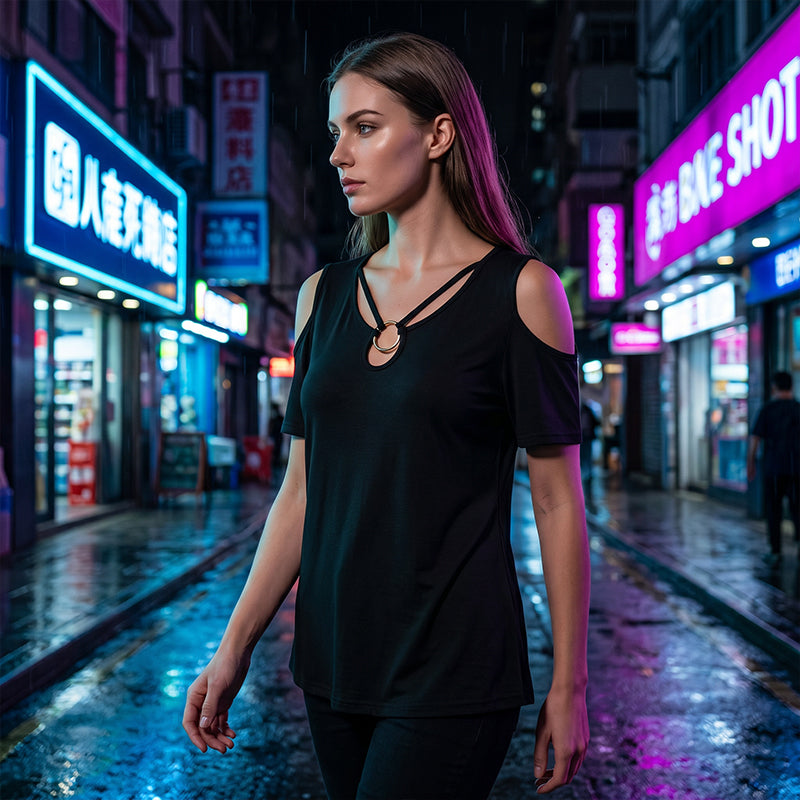 👕✨ 50% RABATT! Damen schulterfreies Oberteil mit V-Ausschnitt und Ring-Detail – Verführerisch, feminin & perfekt für heiße Tage ☀️