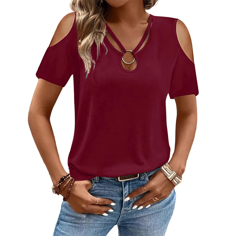 👕✨ 50% RABATT! Damen schulterfreies Oberteil mit V-Ausschnitt und Ring-Detail – Verführerisch, feminin & perfekt für heiße Tage ☀️