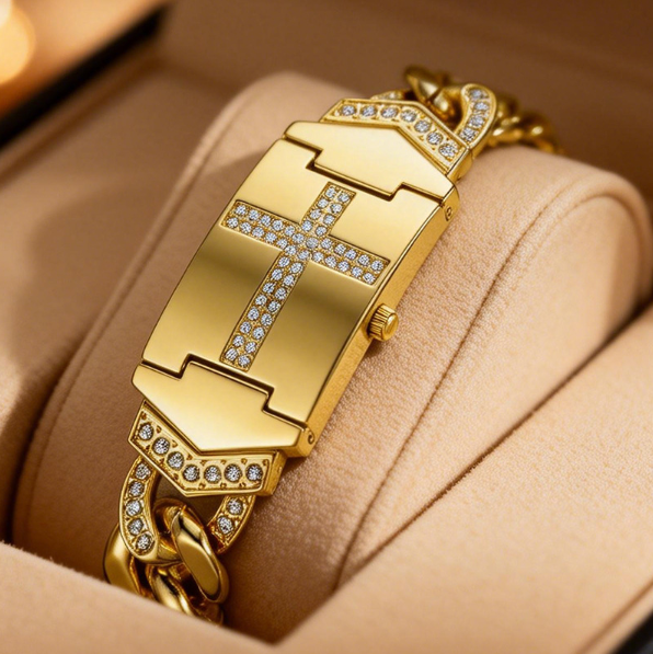 ⌚✨ Sommerliche Eleganz: Damen-Armuhr mit funkelndem Kristallkreuz, geometrischem Rechteck-Zifferblatt & hochwertigem Metallarmband – 50% RABATT! 🌸