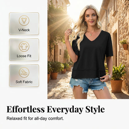 👕✨ 50% RABATT! Damen Oberteil mit halben Ärmeln, V-Ausschnitt und Patchwork-Saum – Leicht, lässig & perfekt für den Sommer 🌸