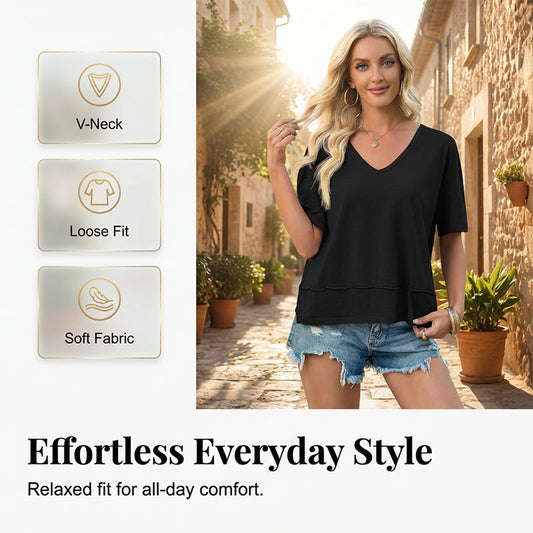 👕✨ 50% RABATT! Damen Oberteil mit halben Ärmeln, V-Ausschnitt und Patchwork-Saum – Leicht, lässig & perfekt für den Sommer 🌸
