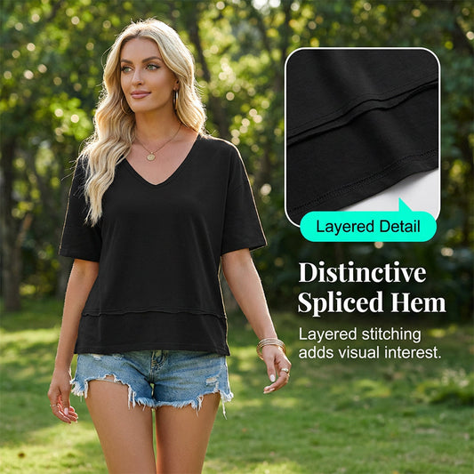 👕✨ 50% RABATT! Damen Oberteil mit halben Ärmeln, V-Ausschnitt und Patchwork-Saum – Leicht, lässig & perfekt für den Sommer 🌸