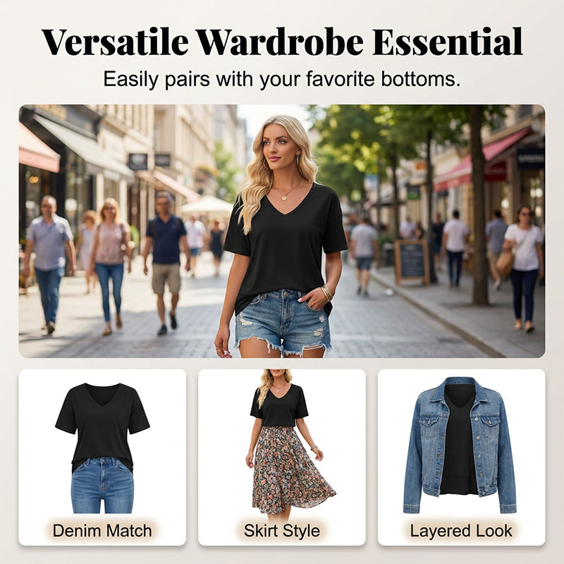 👕✨ 50% RABATT! Damen Oberteil mit halben Ärmeln, V-Ausschnitt und Patchwork-Saum – Leicht, lässig & perfekt für den Sommer 🌸
