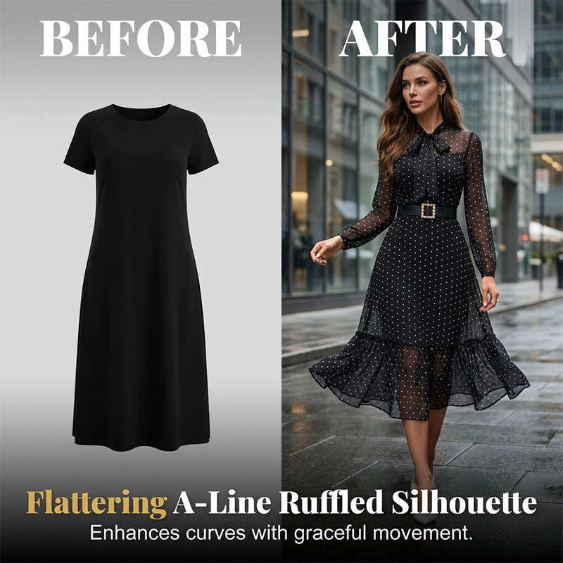 👗✨ Elegantes Midikleid mit Polka-Dots und Schleifenkragen – 50% RABATT! Verspielt, feminin & perfekt für Date, Büro oder festliche Anlässe 🎀
