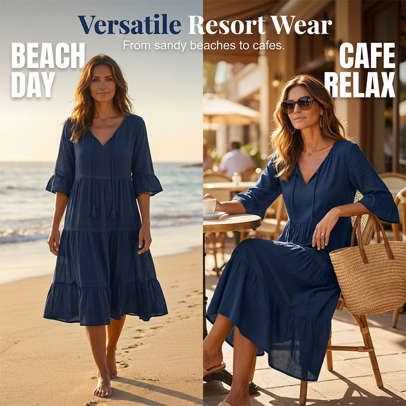 💃 50% RABATT 🔥 Damen Midikleid mit V-Ausschnitt, Quasten & Stufenrock – elegant, verspielt & perfekt für jeden Anlass ✨