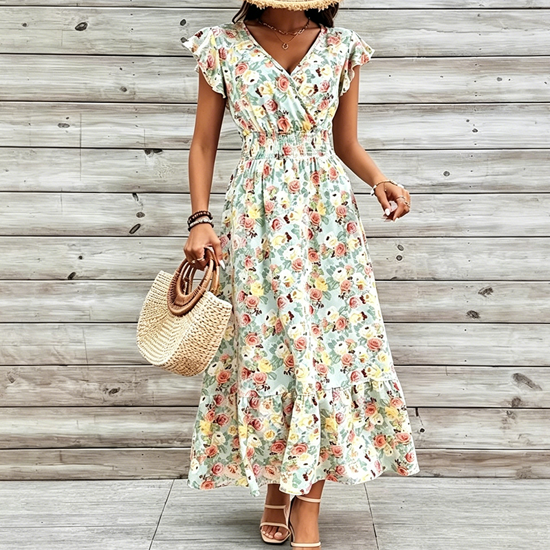 👗 50% RABATT! 🌸 Blumenkleid mit Gummizug – V-Ausschnitt, locker & bequem – Leicht, luftig & perfekt für Sommer, Strand oder entspannte Tage ☀️
