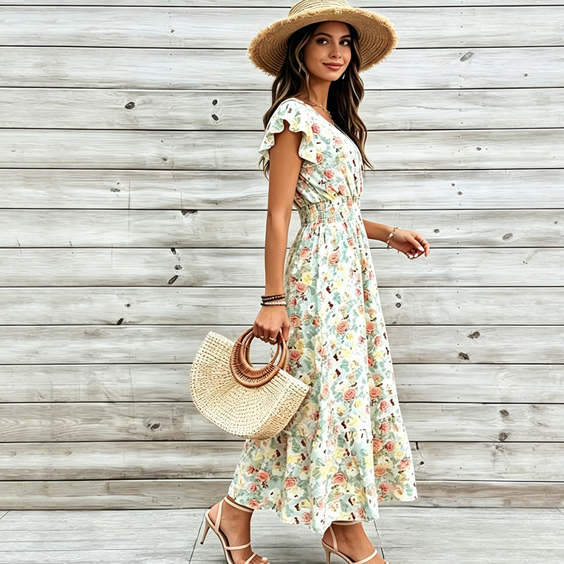 👗 50% RABATT! 🌸 Blumenkleid mit Gummizug – V-Ausschnitt, locker & bequem – Leicht, luftig & perfekt für Sommer, Strand oder entspannte Tage ☀️