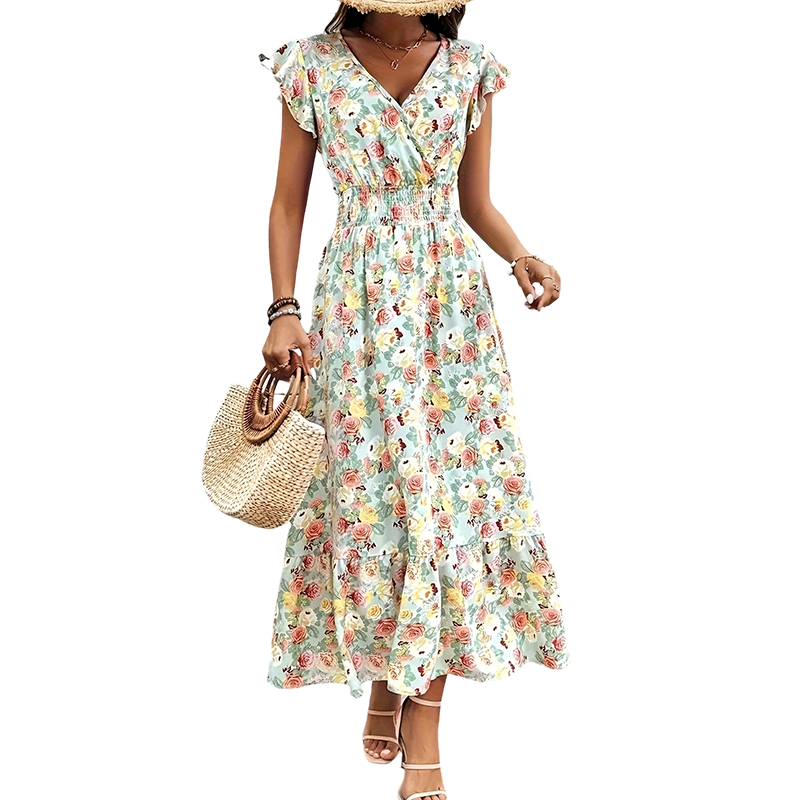 👗 50% RABATT! 🌸 Blumenkleid mit Gummizug – V-Ausschnitt, locker & bequem – Leicht, luftig & perfekt für Sommer, Strand oder entspannte Tage ☀️