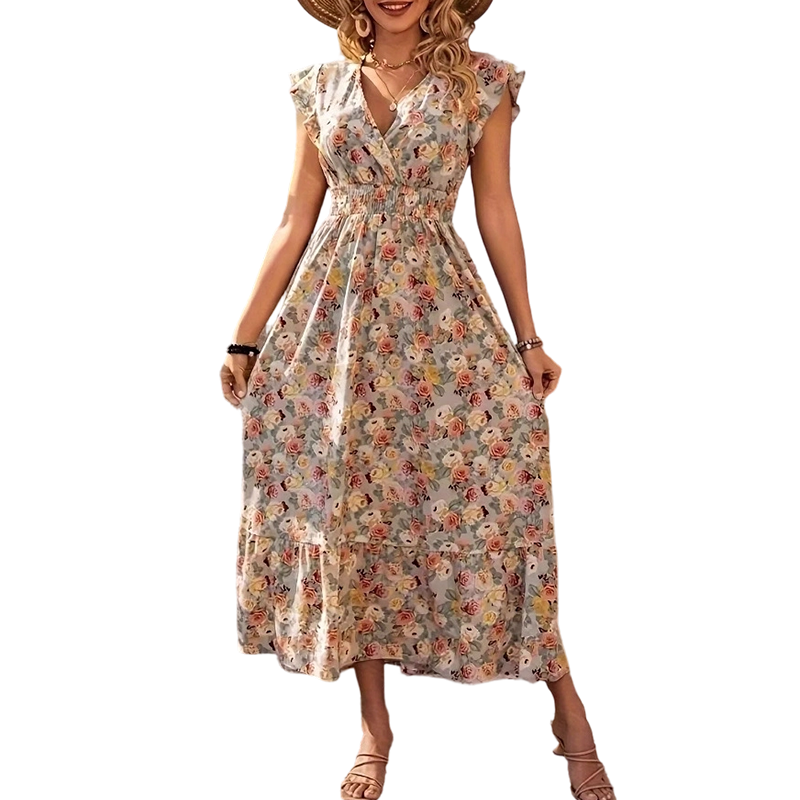 👗 50% RABATT! 🌸 Blumenkleid mit Gummizug – V-Ausschnitt, locker & bequem – Leicht, luftig & perfekt für Sommer, Strand oder entspannte Tage ☀️