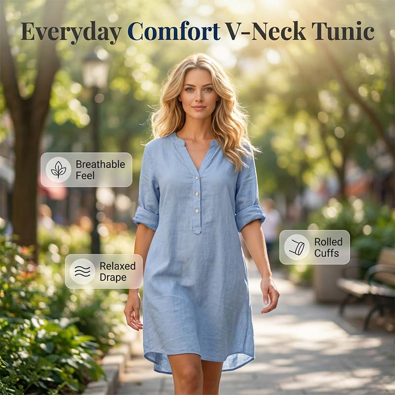 👗✨ Lässiges Tunika-Kleid mit V-Ausschnitt und Knopfleiste für Damen – 50% RABATT! Vielseitig, bequem & perfekt für Alltag, Büro oder Urlaub 🍂