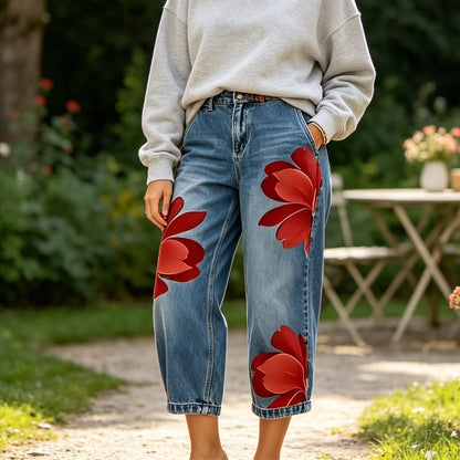 👖🌸 50% RABATT! Damen Weite Jeans mit künstlerischer Blumenapplikation – Lässig, figurbetont & perfekt für Alltag, Büro oder Date ✨