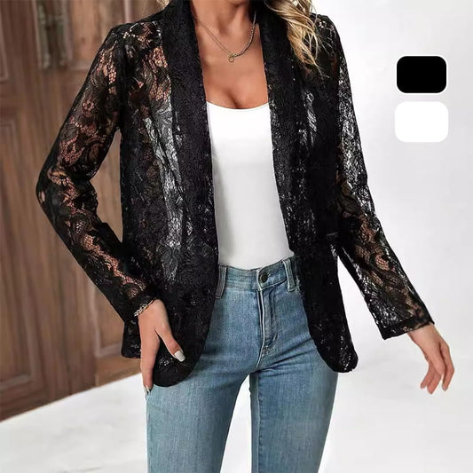 🧥🌸 Lässige langärmelige Spitzenjacke mit Blumenmuster und Lochmuster – 50% RABATT! Romantisch, feminin & perfekt für Frühling, Herbst oder kühle Sommerabende 🍂