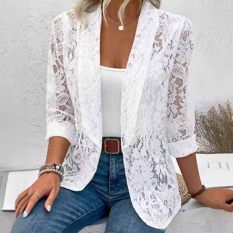🧥🌸 Lässige langärmelige Spitzenjacke mit Blumenmuster und Lochmuster – 50% RABATT! Romantisch, feminin & perfekt für Frühling, Herbst oder kühle Sommerabende 🍂