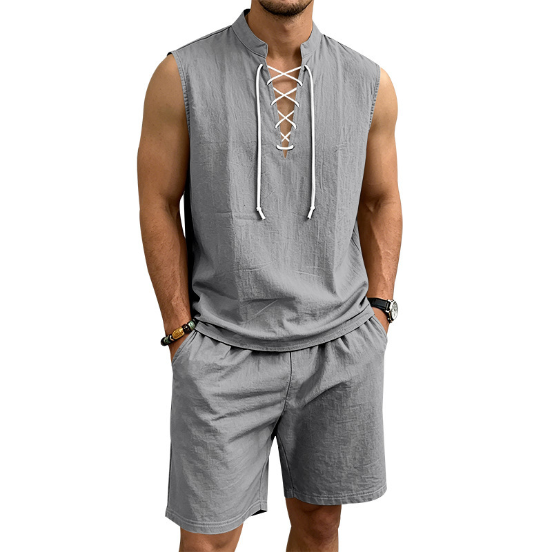 ⏳ 50% RABATT! Herren Leinen-Set: Ärmelloses Oberteil & Shorts mit Schnürung – Atmungsaktiv & stylisch für den Sommer 🌿👕