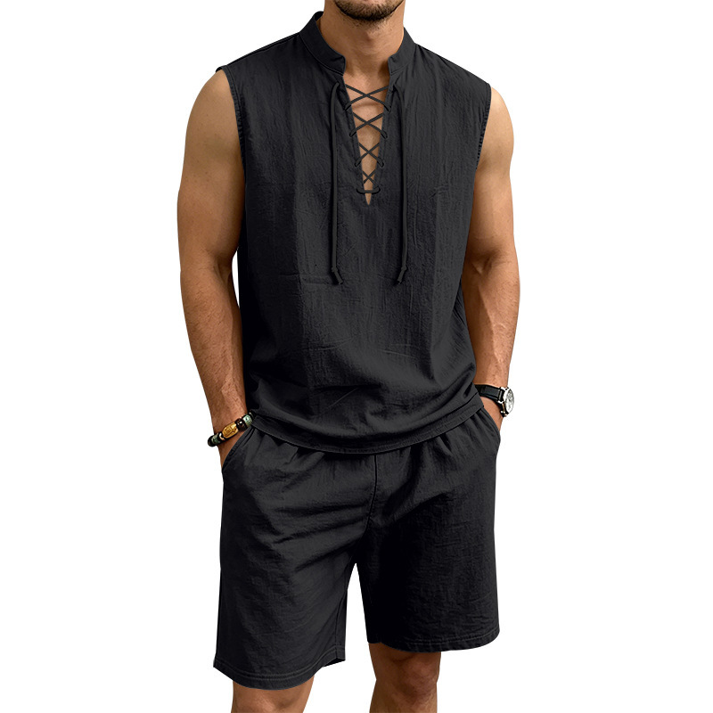 ⏳ 50% RABATT! Herren Leinen-Set: Ärmelloses Oberteil & Shorts mit Schnürung – Atmungsaktiv & stylisch für den Sommer 🌿👕
