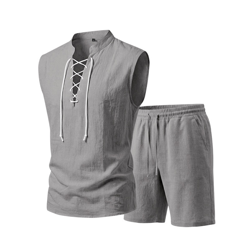 ⏳ 50% RABATT! Herren Leinen-Set: Ärmelloses Oberteil & Shorts mit Schnürung – Atmungsaktiv & stylisch für den Sommer 🌿👕