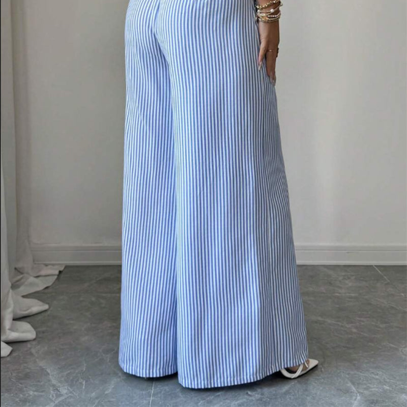 ✨Damen Leinenhose mit Blau-Weiß-Streifen 👖 Hohe Taille & Lockerer Gerader Schnitt