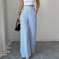 ✨Damen Leinenhose mit Blau-Weiß-Streifen 👖 Hohe Taille & Lockerer Gerader Schnitt
